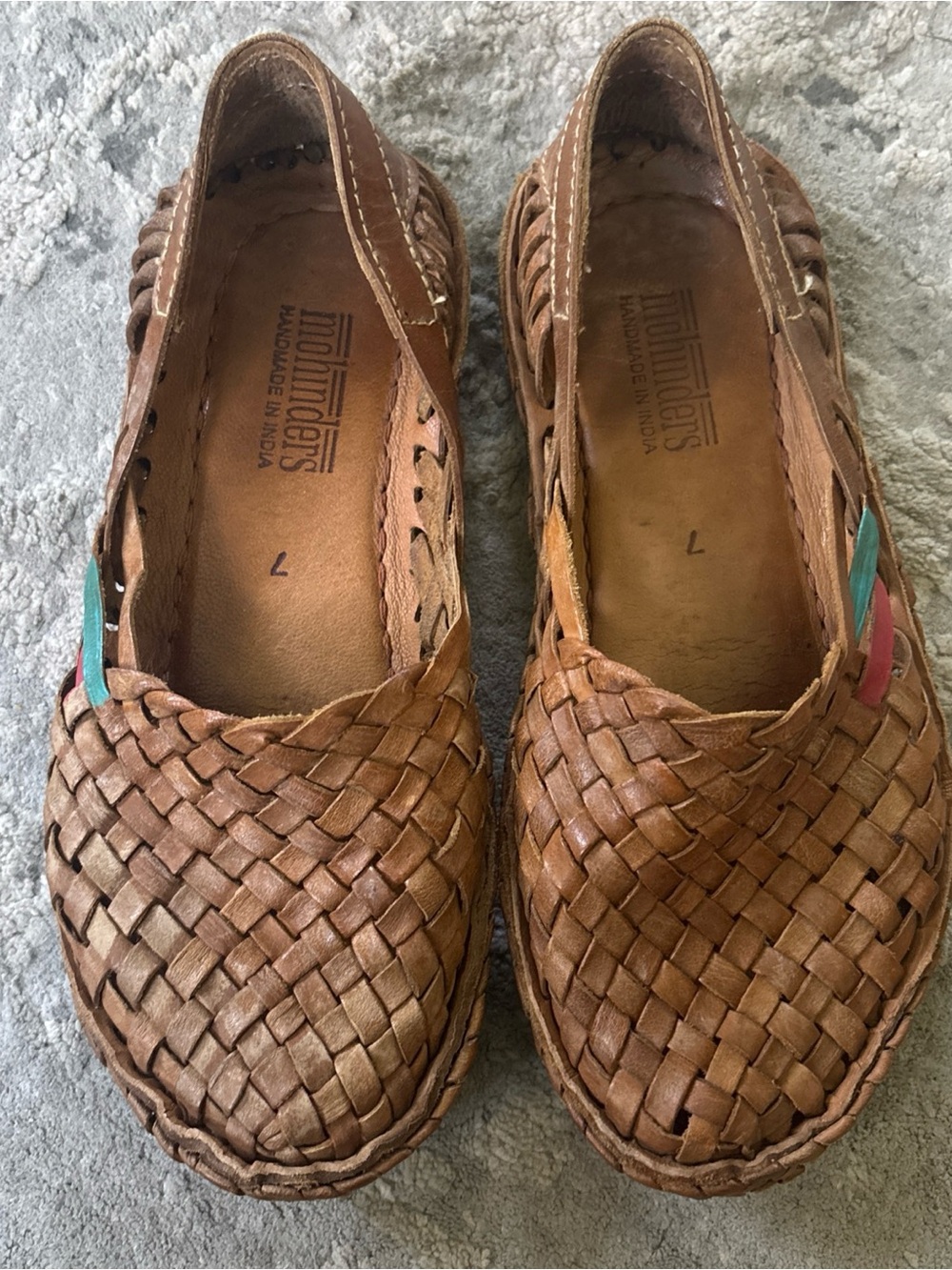 Mohinders Woven Tan Leather Slip-On Loafer with Teal and Red Tabs